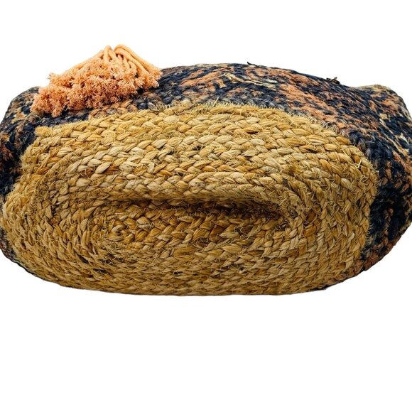 Natural Jute Woven Tote Peach Black 19”x14” Square Wood Handle Shell Tassel - Picture 13 of 16